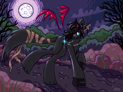 An illustration of a quintessential edgy emo demon black cat boy, who runs along a dark path in an eerie and whimsical clearing of the woods, the foggy night sky with a bright full moon casting light stretches out above. Head tilted warily as he glances around, his expression is a gloomy looking frown. He has a long dark fringe that covers one of his aquamarine eyes, and a little horizontal scar stretches cutely across his nose. On his chipped ear he wears a black stud and black cross earring. From his forehead sprouts a little red demon horn, and at his back are two floating red demon wings. On his two front paws he wears black fingerless gloves, and wrapping his tail is a long tattered bandage, which flows behind him in a cool, edgy manner. Around his neck is a shiny silver chain, from which an aquamarine blue teardrop shaped pendant swings, gleaming in the moonlight.